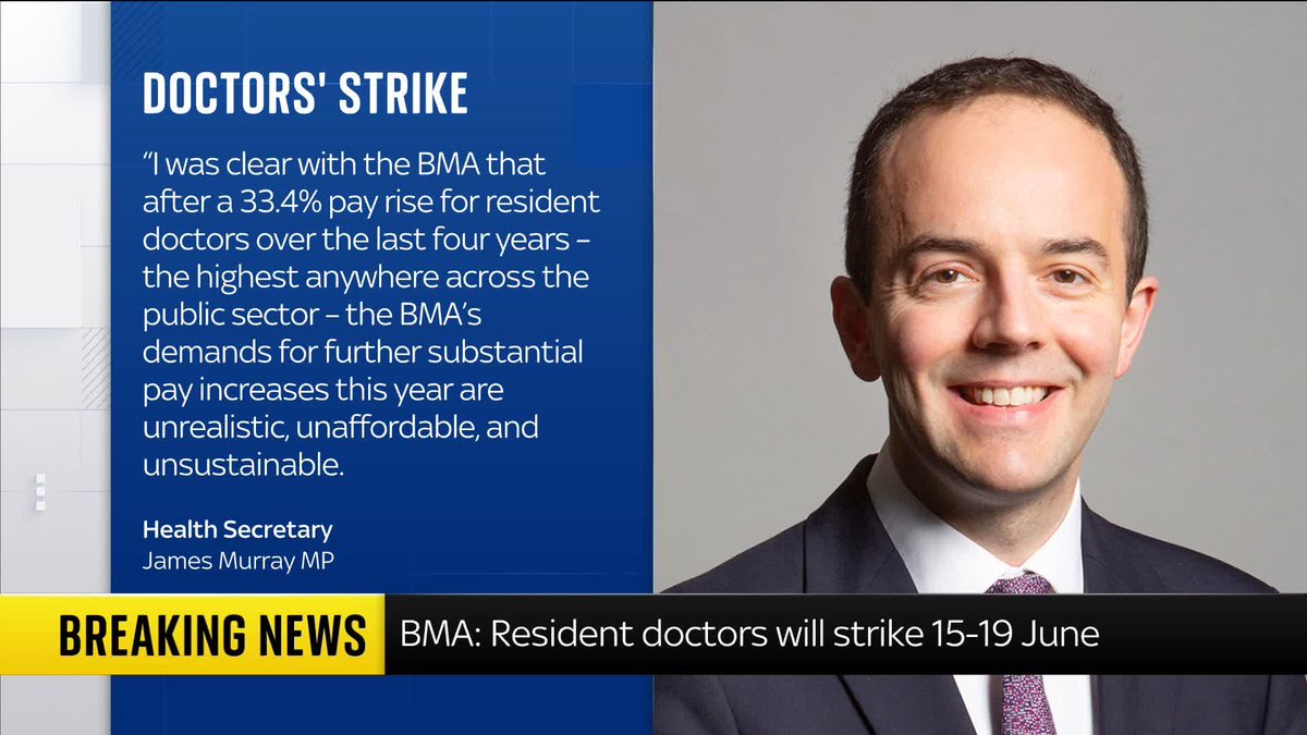 Health Secretary James Murray has said the BMA's demands for further pay increases are "unrealistic, unaffordable, and unsustainable". @AshishSkyNews has the latest on the BMA's planned strike action, which is set to take place in June ⬇️ Read more: