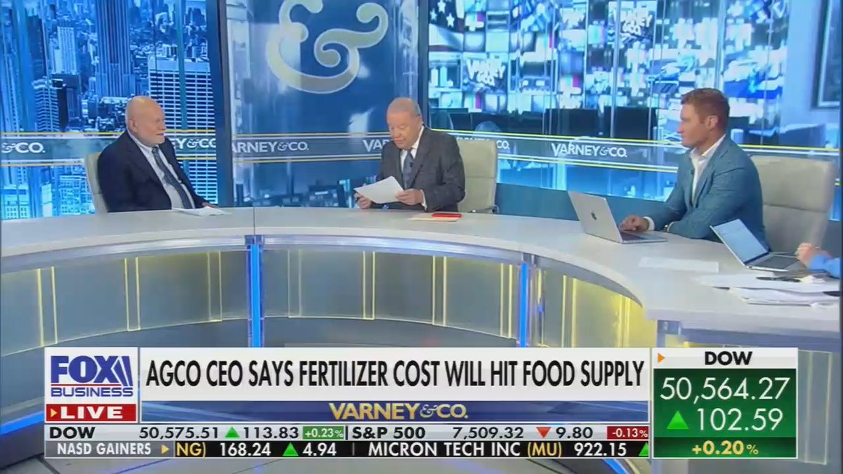 Fox: Food prices will go up soon. One third of the world's fertilizer comes through the Strait of Hormuz. Since the start of the Iran conflict, the price of fertilizer is up by 44%.