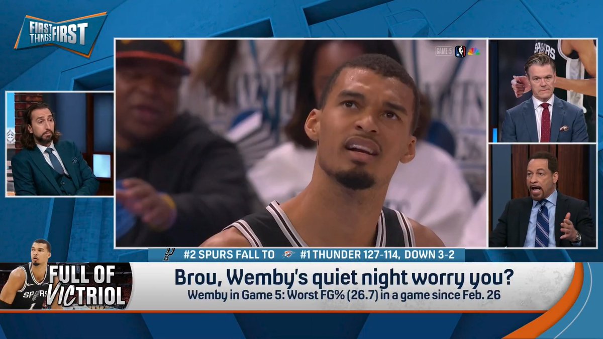“Worried?... He’s 7’5”. He’s the best player on Earth. He’s averaging 28-12 and 3 rejections and Game 6 is in San Antonio. Worried, I’m not worried in the least bit… I’M TERRIFIED! TROUBLED! AFLUTTER! WILDES, I’M ON PINS AND NEEDLES!” 😭😭 Chris Broussard went off 😅