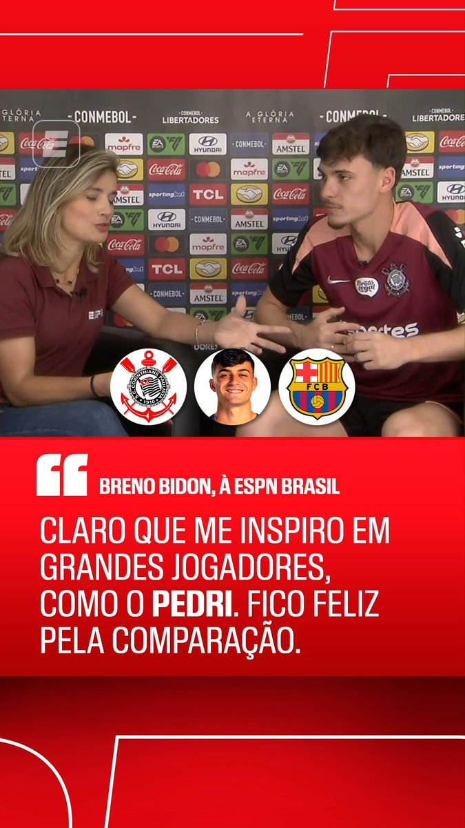 Bidon, do Corinthians, sobre as comparações com Pedri, do Barcelona: “Vi isso, um amigo me mandou. Eu tento não ficar olhando muito isso. Claro que me inspiro em grandes jogadores, como ele. Fico feliz pela comparação.” 🎥 ESPN Brasil | SportsCenter Brasil