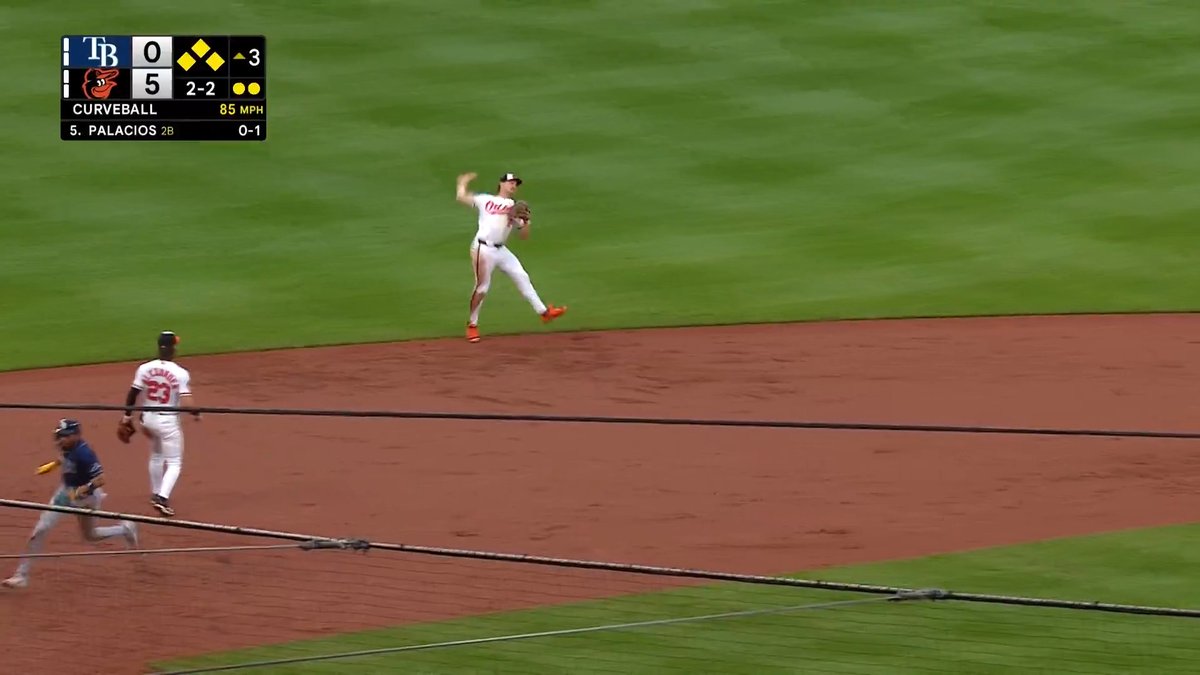 Gunnar Henderson puts this off-balance throw right on the money 😤