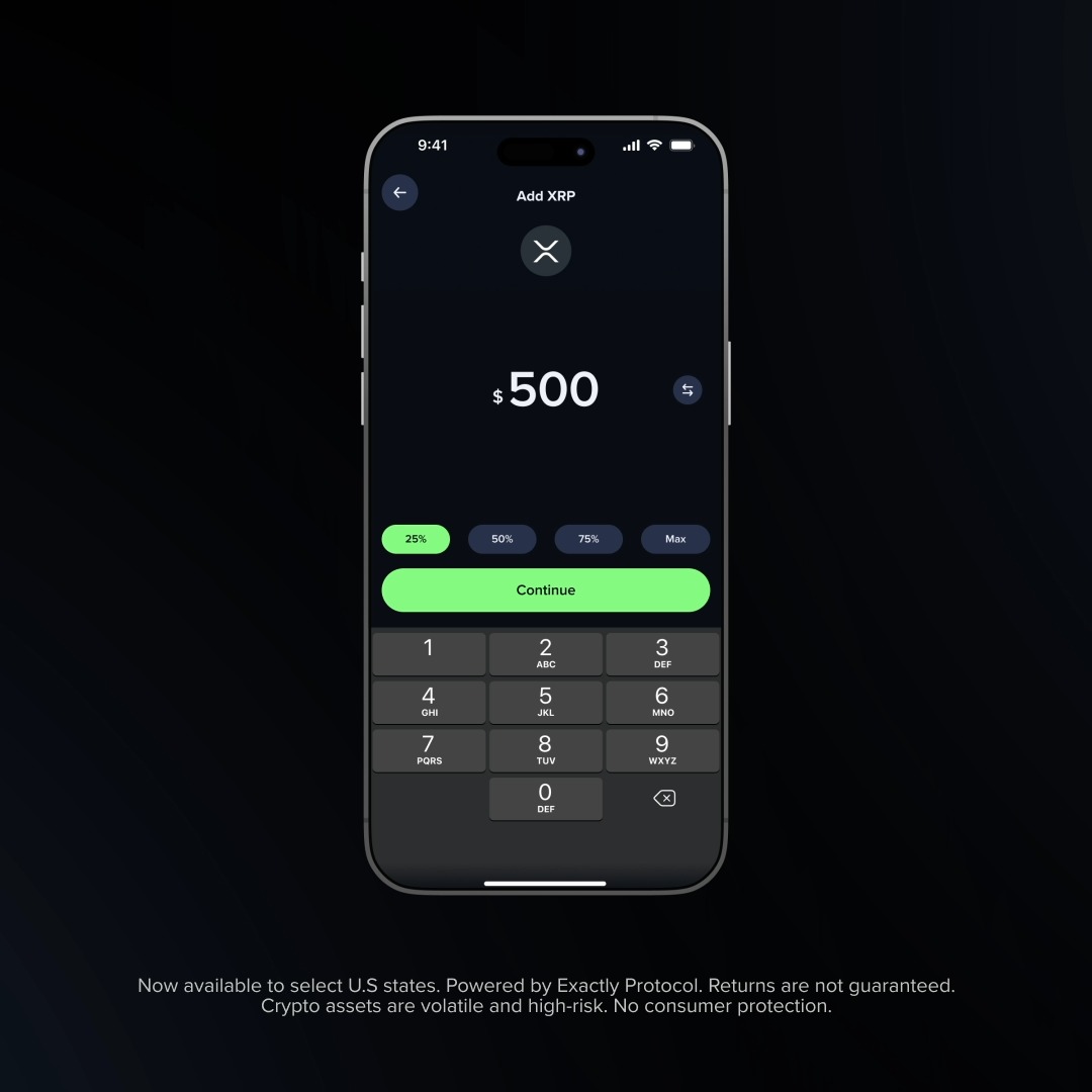 ICYMI: Turn your XRP into instant credit 💳 Keep your positions intact and spend against your crypto holdings in the real world. See how it works ↓ Now available in select U.S states. Powered by Exactly Protocol. See terms for rate, payment and other details. Crypto assets are volatile and high-risk.