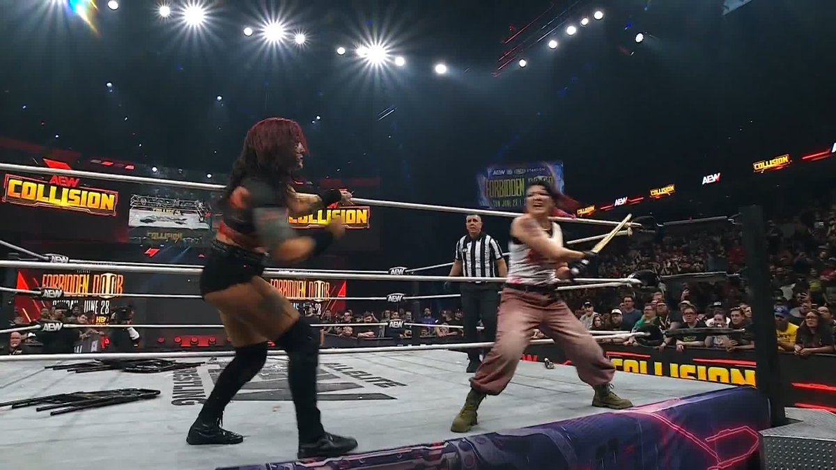 .@CallMeKrisStat powers past a kendo stick shot to land a Staturday Night Fever THROUGH THE TABLE! Watch #AEWCollision LIVE on TBS + HBO Max