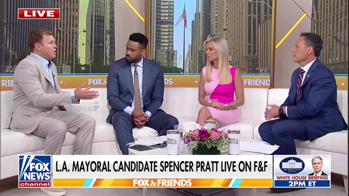 NEW: Los Angeles mayoral candidate Spencer Pratt says even though the race is nonpartisan and he's a registered Republican, all of his supporters are Democrats because they're fed up because "they were fed a bunch of lies" by current mayor Karen Bass: "I'm a registered Republican, but my supporters are all Democrats because Los Angeles is all Democrats. All the people financing me are Democrats. All the meetings I take every day are Democrats. Democrats are very angry with what happened in Los Angeles." "It's a nonpartisan race. There's no letter next to either of our names, because the mayor is not supposed to represent a party. They're supposed to make sure your moms are safe, your houses don't burn down, and your tax money is going to your infrastructure not to fund drug addicts." | FOX & Friends