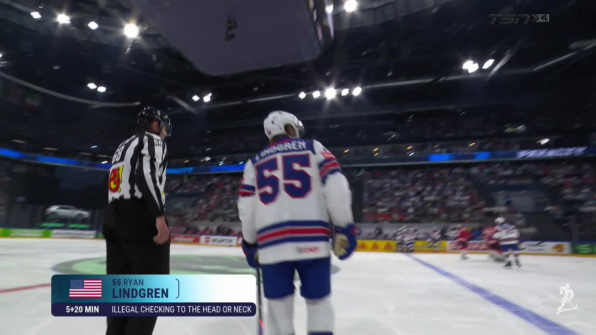 Ryan Lindgren was heated following his removal from the game for an Illegal Check to the Head or Neck on Evan Bouchard. #MensWorlds