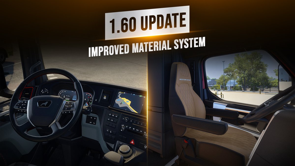 The Improved Material System will arrive in the 1.60 update! 🙌 This feature will significantly improve the lighting and visual quality of interiors in selected trucks for both Euro Truck Simulator 2 and American Truck Simulator 🚛🖌️ Read more at: