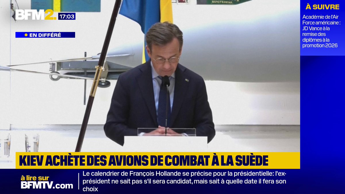 "C’est une décision historique pour la Suède, qui renforce de manière significative la défense aérienne de l’Ukraine" Guerre en Ukraine: Kiev va acheter 20 avions de chasse Gripen à la Suède, annonce le Premier ministre suédois Ulf Kristersson #BFM2