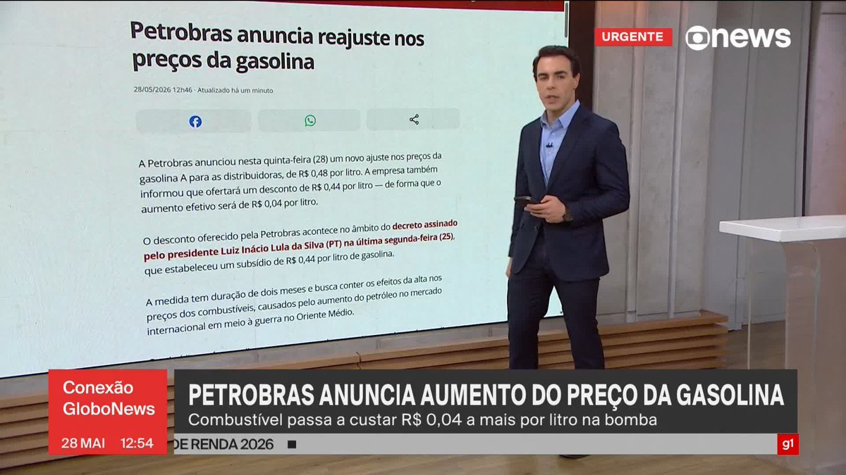 URGENTE: Petrobras anuncia reajuste no preço da gasolina para as distribuidoras. Apesar de aumento de R$ 0,48 por litro, empresa também oferecerá desconto de R$ 0,44 por litro. #CoenxãoGloboNews ➡ Assista à #GloboNews:
