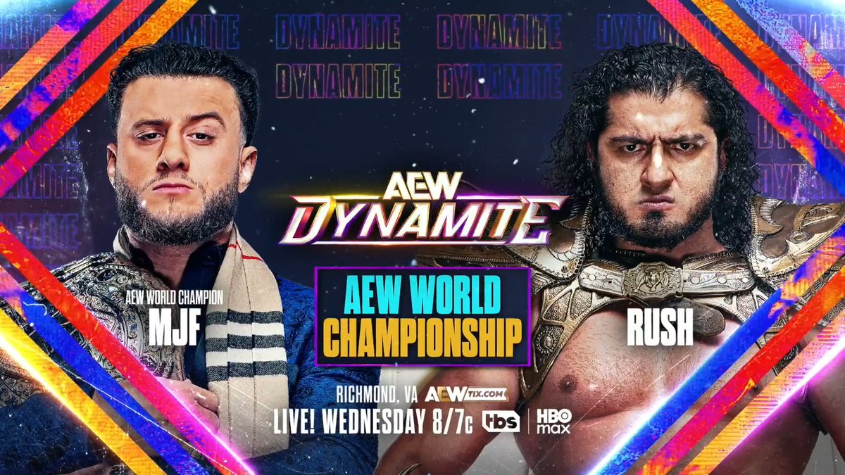 #AEWDynamite LIVE, 8/7c, TBS &amp; HBO Max This Wednesday, 6/3! AEW World Championship Maxwell Jacob Friedman™️ vs @RUSHToroBlanco After MJF was confronted by the red hot RUSH on Dynamite, El Toro Blanco will lock horns with the Devil for the AEW World Title, This WEDNESDAY!