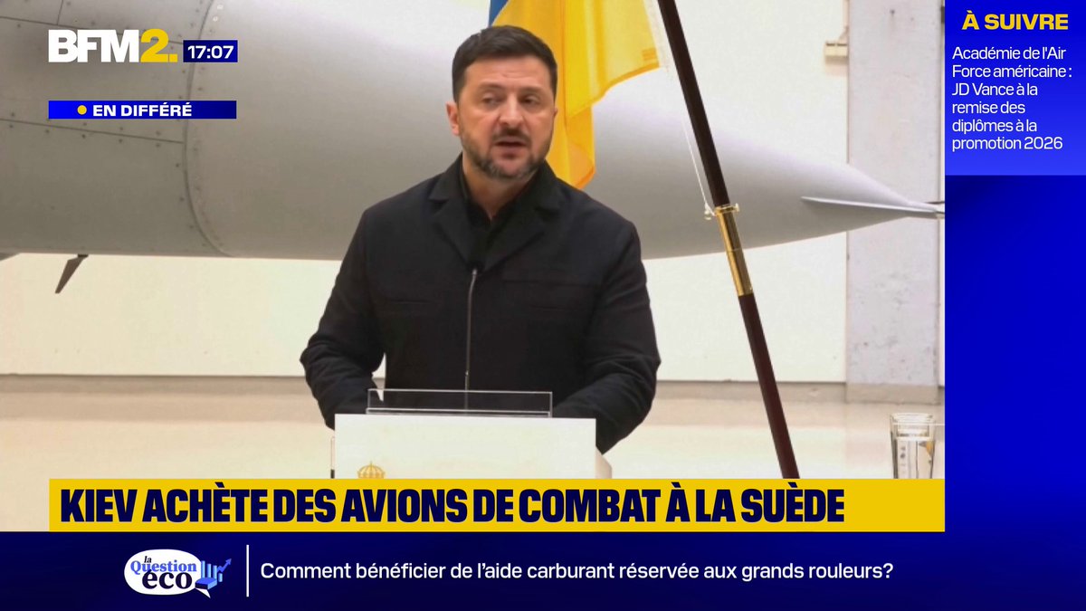 "Un jour historique pour notre coopération": Volodymyr Zelensky annonce que Kiev va acheter 20 avions de chasse Gripen à la Suède, grâce au prêt européen de 90 milliards #BFM2