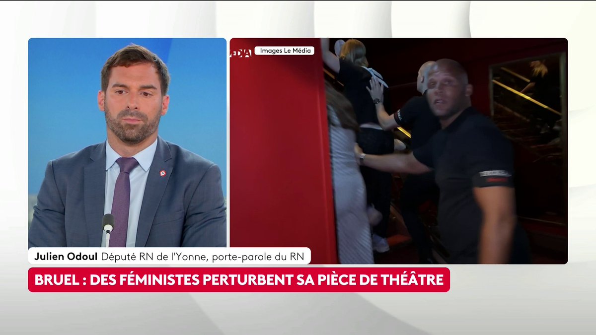 🔴 🗣️ "Je dénonce cette présomption d'innocence à géométrie variable", déclare Julien ODOUL, député RN de l'Yonne et porte-parole du parti. La pièce de théâtre dans laquelle joue Patrick Bruel a été interrompue par des militantes féministes. #ToutEstPolitique #Canal16