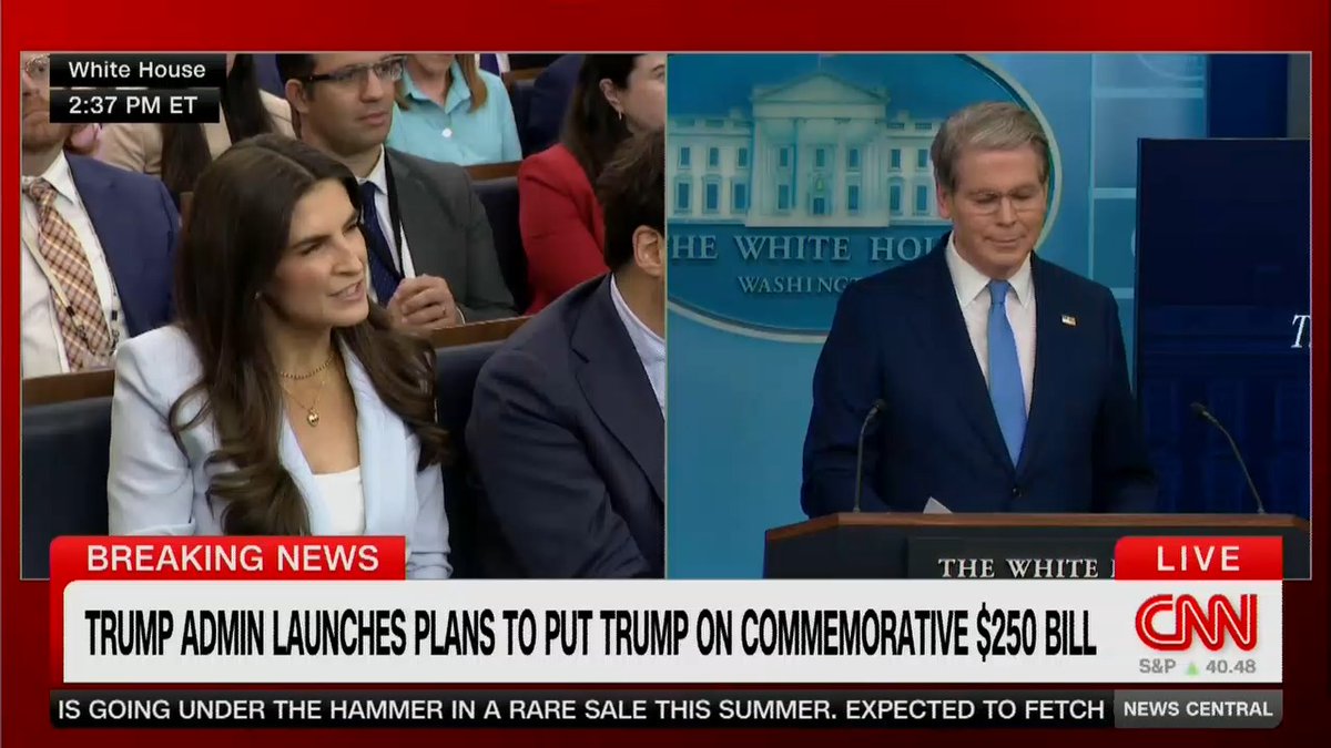 Collins: Do you think it's a good idea to put Trump on a $250 bill when people are struggling to afford gas and groceries? Bessent: Look, I think it has... I think that... Do you think we should have a 250th anniversary celebration? Collins: Well, that's happening anyway, but putting Trump on a $250 bill is a choice. Bessent: No, no, no, no, no