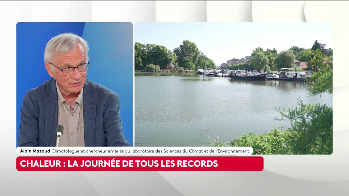 🔴 🗣️ Épisode de fortes chaleurs en mai : "C'est vraiment lié au réchauffement climatique, qui en quelque sorte étend la saison d'été", indique le climatologue Alain Mazaud. Ce jeudi, des records de températures ont encore été battus. Loïc de La Mornais #SurLeTerrain #Canal16