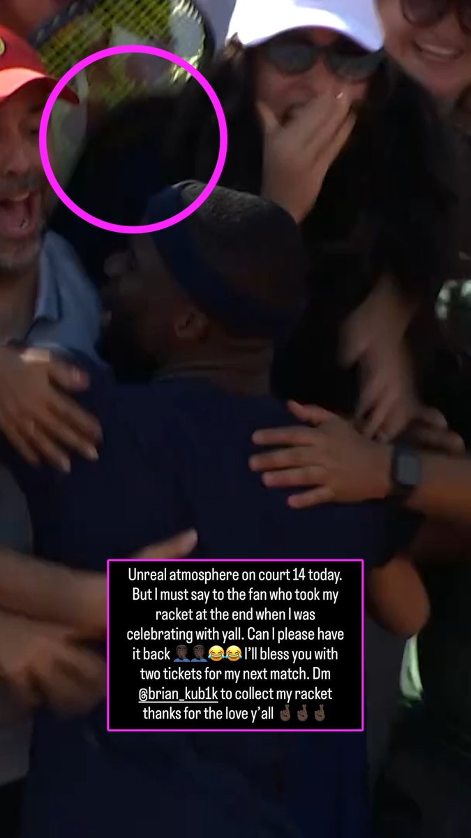 Frances Tiafoe lost his racquet in the crowd while celebrating with fans… and has tried to negotiate to get it back with tickets to his next match 😅🎾