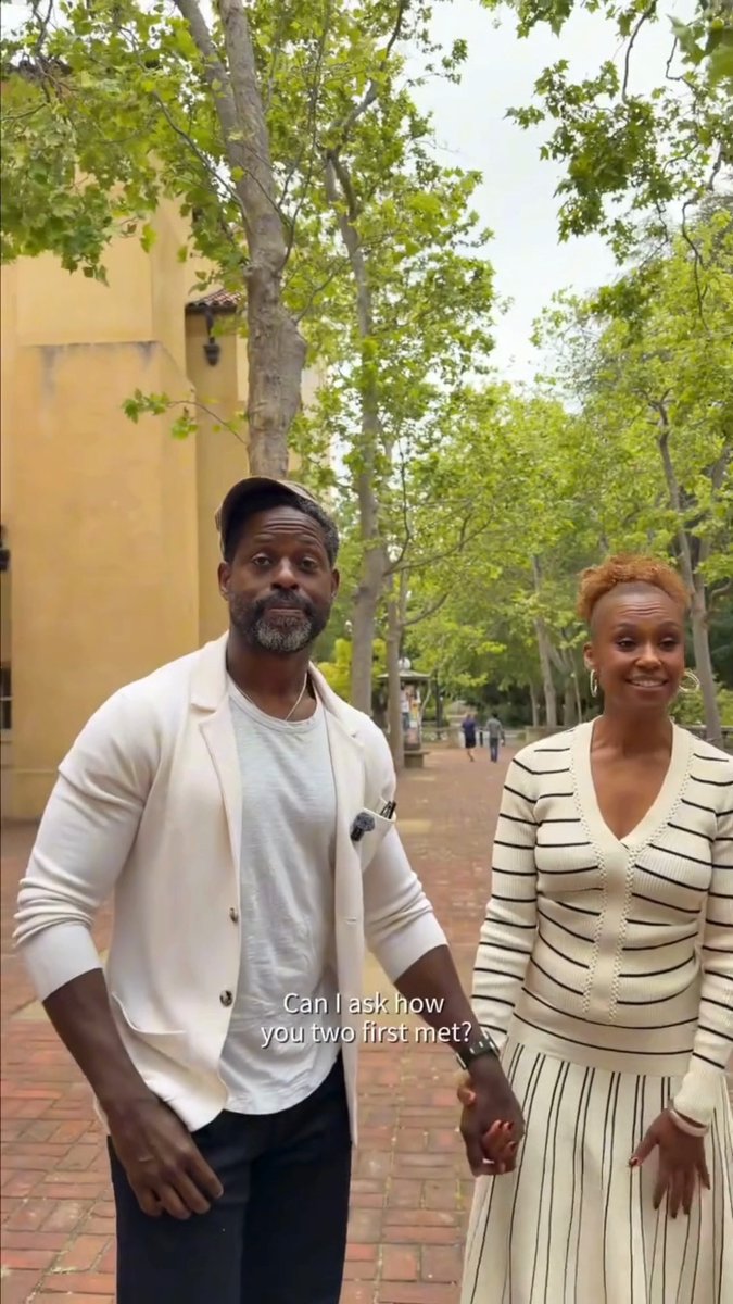 Sterling K. Brown and his wife Ryan Michelle Bathe are the sweetest pair ❤️ While walking through their alma mater Stanford University, the couple were stopped and asked to reflect on their 20 years of marriage. "I have never seen you walk into a room that you have not lit up," the actress, 49, said to her husband, 50, making him break into a smile ✨ 📽️ : #Stanford