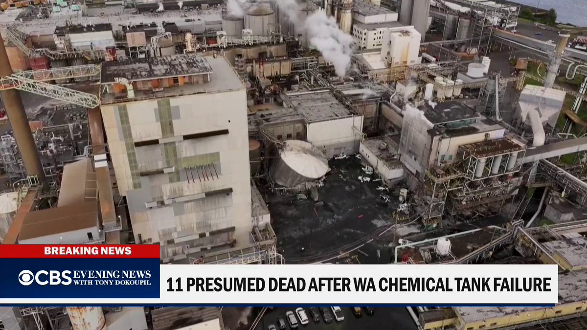 At least two people were killed and nine others are missing and presumed dead after a massive chemical tank burst at the Nippon Dynawave Packaging plant in Washington state. National Guard hazmat crews are assisting with decontamination efforts after some chemicals leaked into the Columbia River. Authorities say there's no risk to the water supply.