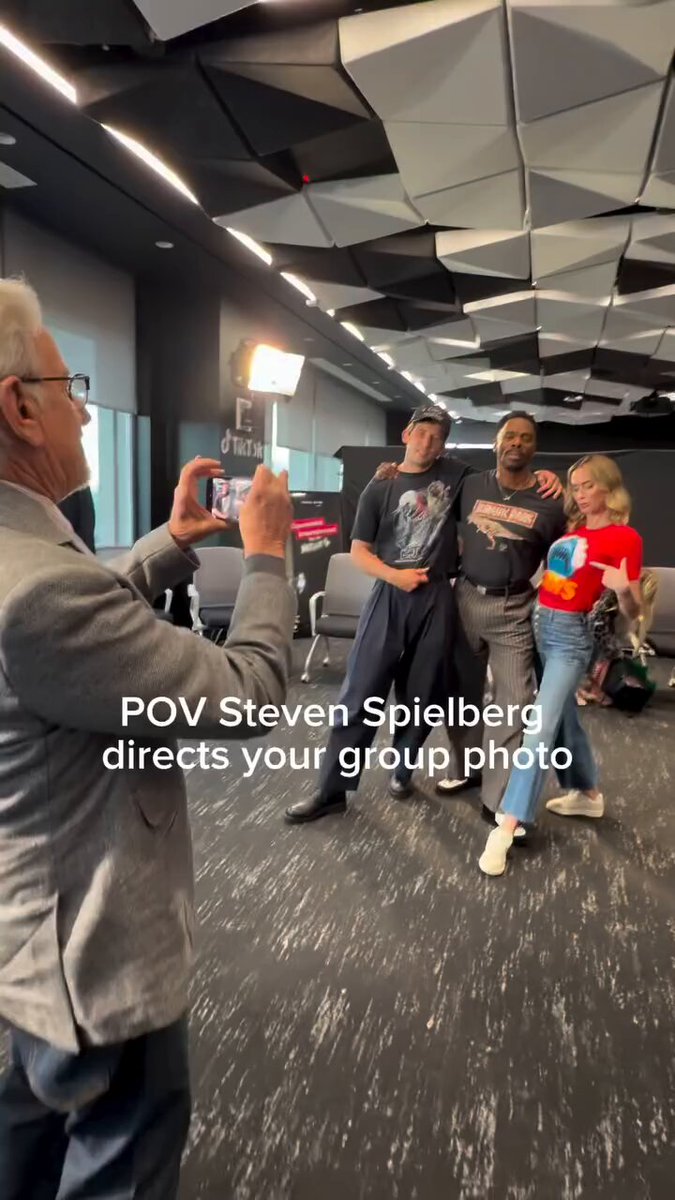 Steven Spielberg photographing Emily Blunt, Josh O'Connor, and Colman Domingo during the press for "Disclosure Day" today.