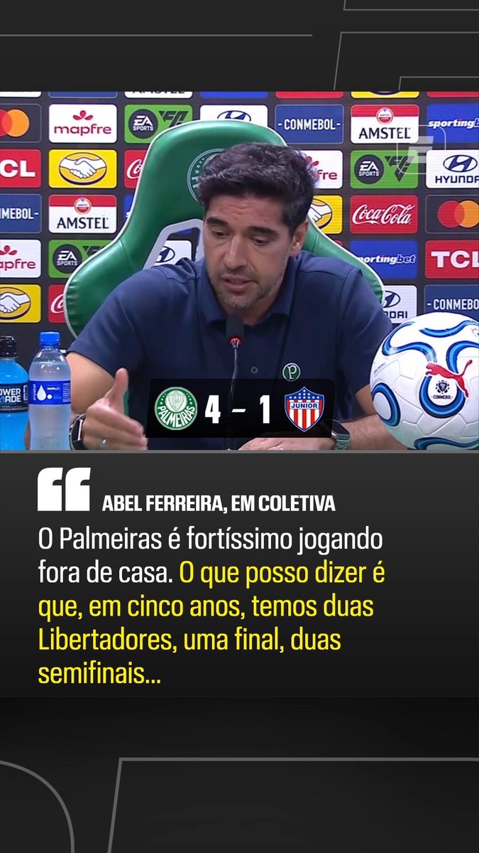Abel Ferreira, sobre o Palmeiras decidir fora de casa na Libertadores: “O Palmeiras é fortíssimo fora de casa. O que posso dizer é que, desde que estou aqui, em 5 anos, temos duas Libertadores, uma final e duas semifinais.” 🎥 ESPN Brasil SportsCenter Brasil