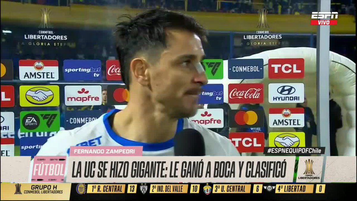 "MUCHA GENTE NOS SUBESTIMÓ... LOS PARTIDOS SE GANAN EN LA CANCHA" Fernando Zampedri, capitán de la UC, no escondió su felicidad por el histórico triunfo cruzado sobre Boca en la #Libertadores. ▶️ Mira #ESPNEquipoFChile en el Plan Premium de #DisneyPlus