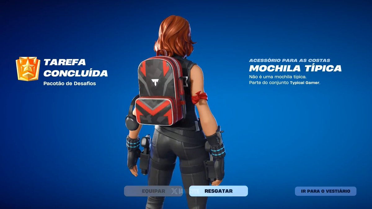 🎒 GRÁTIS AGORA — RESGATE A MOCHILA TÍPICA Encontre o Bunker secreto do Typical Gamer próximo à Sede Sombria na Ilha do Fortnite, desça a tirolesa, quebre a parede e faça um Gesto no local. Você receberá a Mochila Típica ao sair da partida. Disponível até 6 de junho às 10h BRT.