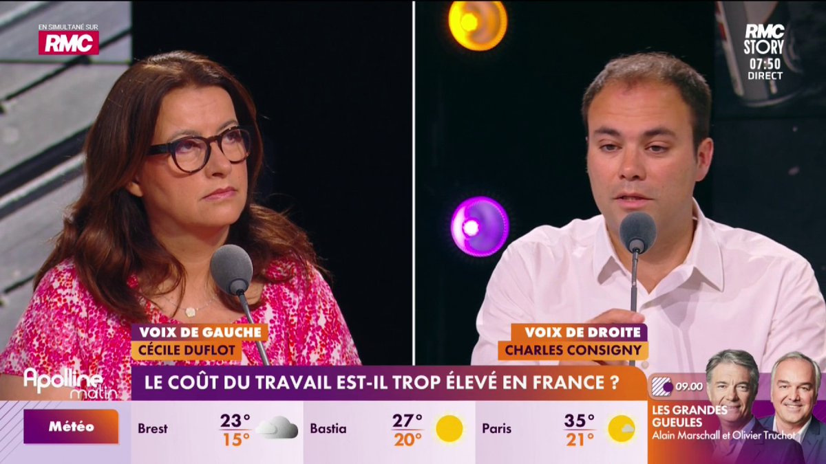 🗣️ Débat Consigny-Duflot Charles Consigny : "Pour payer quelqu’un 2 000 euros, un employeur doit sortir minimum 3 500 euros" Cécile Duflot ❄️ : "Le coût du travail implique des services publics importants" #ApollineMatin