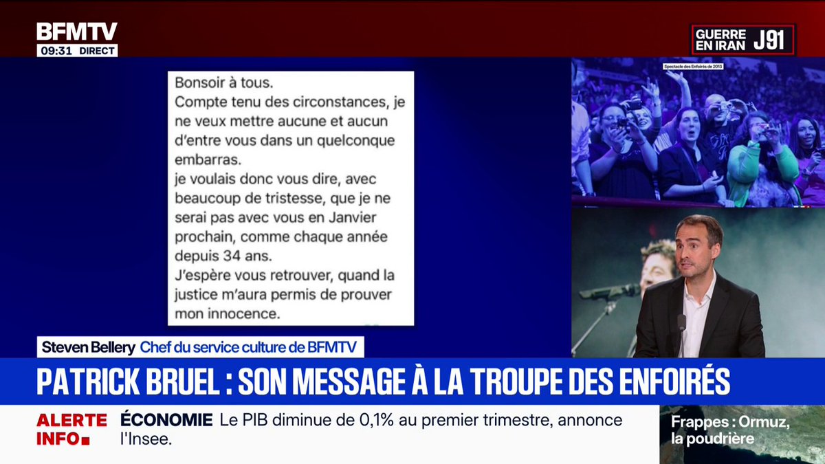 .BFM s’est procuré le message que Patrick Bruel a envoyé à la troupe des Enfoirés pour leur annoncer qu’il ne serait pas dans la troupe l’an prochain