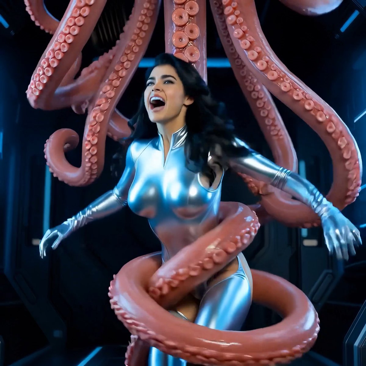 She thought she was alone in the abandoned space station. One moment she’s strutting in her tight silver suit… the next the tentacles have her. Lifted. Squeezed. Taken. #EroticHorror #TentacleMonster #AlienAbduction #DarkErotica #NSFW