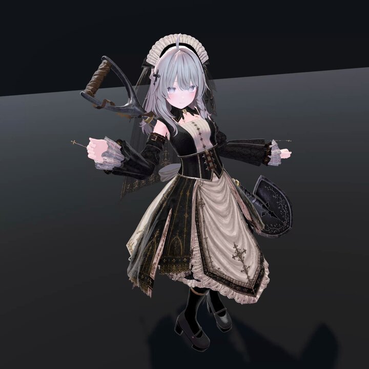 【絶賛販売中】 “墓守”をテーマにした、 静かでダークなメイド衣装。 可愛さの中に、 凛とした空気感を詰め込んでいます。 シルエットや装飾、質感まで細かくこだわって制作しました。 ダークかわいい雰囲気が好きな方へぜひ！ 🔗 #VRChat #VRChat衣装 #LIMINAL