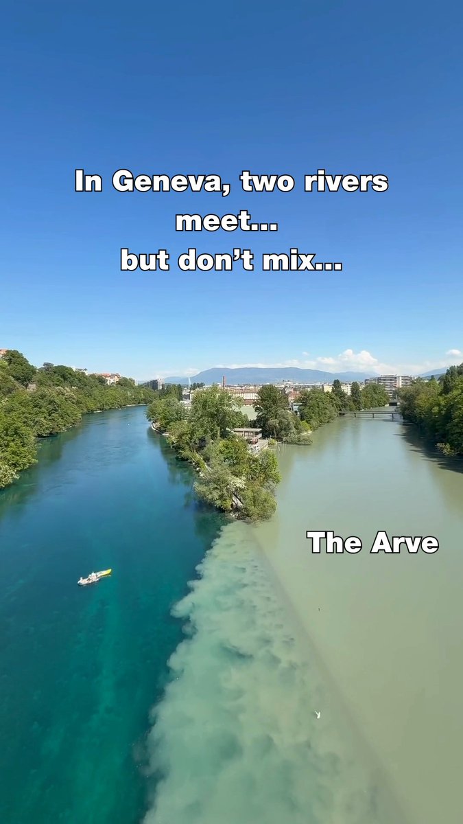 In Geneva, two rivers meet… but don’t mix 🌊🇨🇭 The Rhône flows from the Swiss Alps through Lake Geneva, which gives it its clearer appearance. The Arve comes from the Mont-Blanc massif in France, carrying large amounts of sediment. At La Jonction, the contrast becomes clearly visible before the Rhône continues toward the Mediterranean.