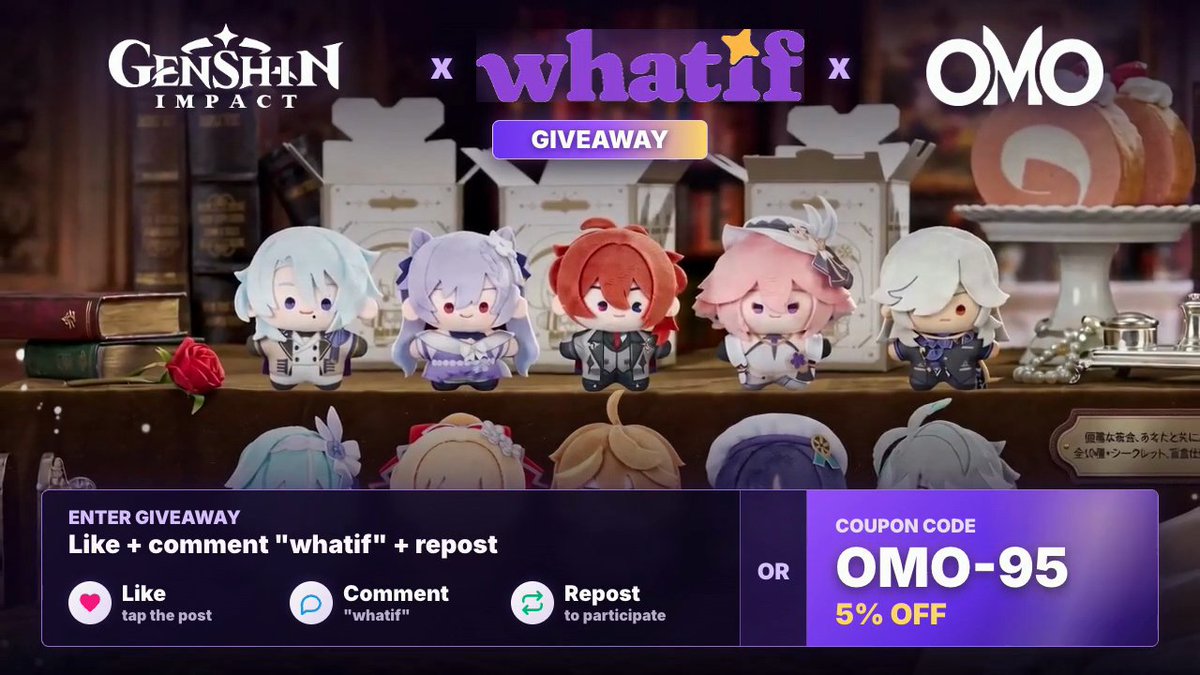 🎁 [WhatIf x OMO Merch] Genshin Impact GIVEAWAY 🎁 We’re partnering with OMO-Merch and Genshin Impact to give out blind boxes to 2 lucky winners! How to enter: ❤️ Like this post 💬 Comment "whatif" 🔁 RT this post Check out OMO Merch with 5% OFF at Follow One-san ★ and WhatIf Chan ✦ for more giveaways coming up! Winner will be announced June 14th~ Good luck! ✨