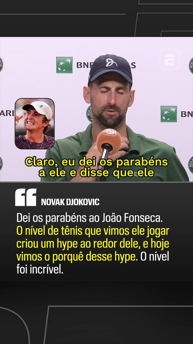 VALE O HYPE! Novak Djokovic falou sobre o nível de tênis de João Fonseca após a vitória do brasileiro em Roland Garros! 👉 Assista ao Roland Garros pela ESPN no Plano Premium do #DisneyPlus #RolandGarrosNaESPN