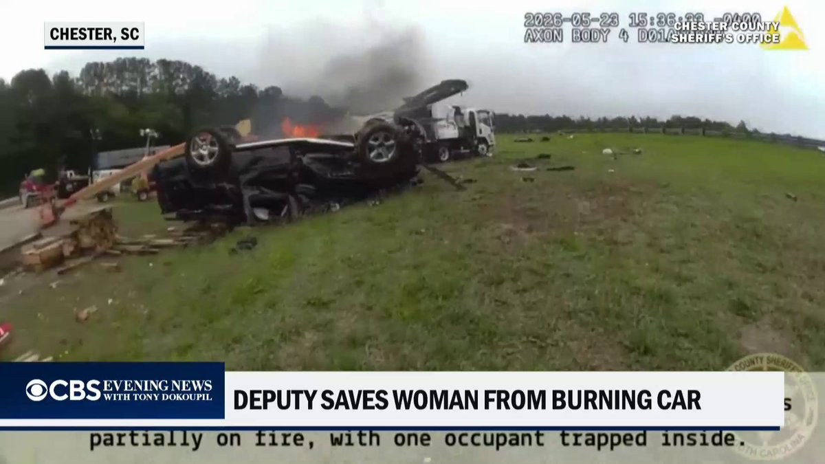 An officer rescued a woman from an overturned car on fire in South Carolina as she was on her way to celebrate finally finishing her radiation treatments for breast cancer.