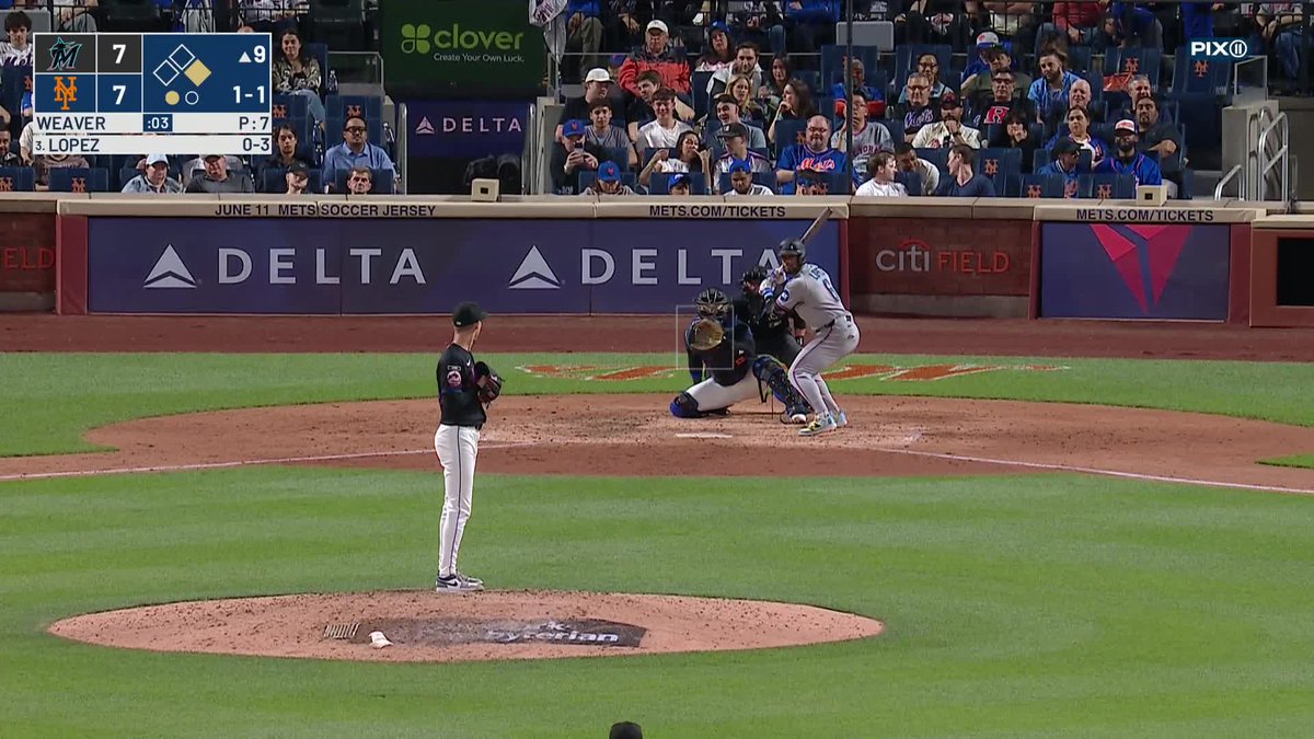 Xavier Edwards is called out for obstruction as Mark Vientos went back to catch Otto Lopez's pop-up. Lopez was awarded first base with obstruction superseding the play.