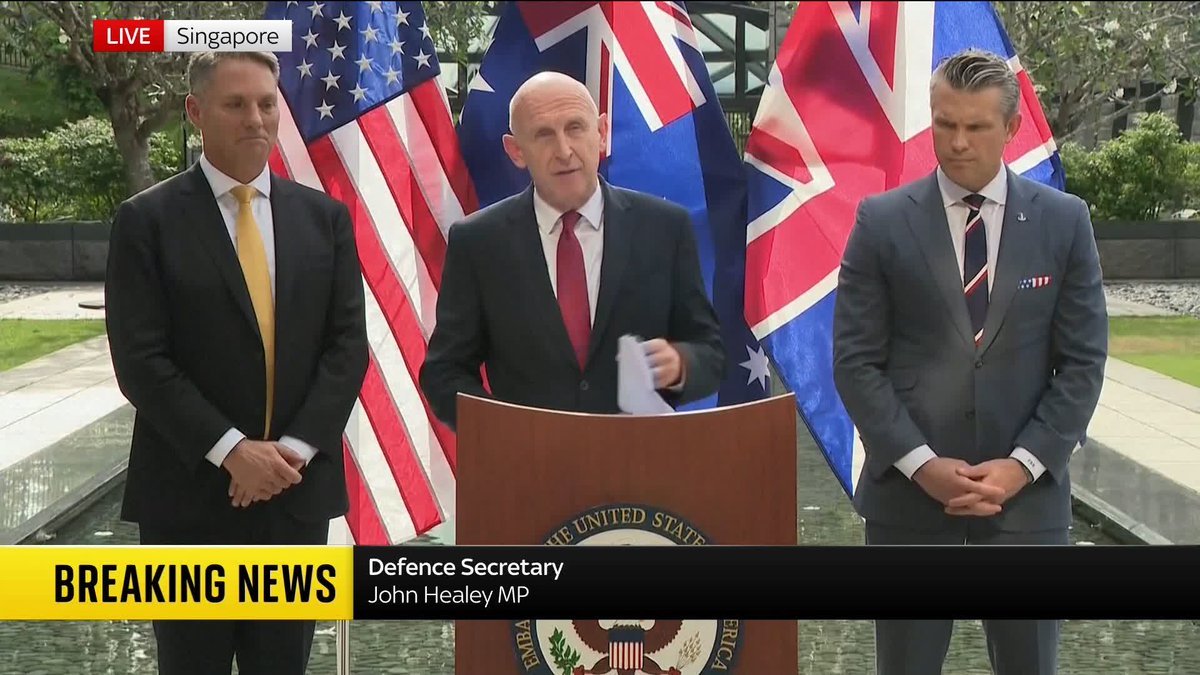 Defence secretary John Healey speaks in Singapore, alongside U.S. defence secretary Pete Hegseth and Austalia's defence sec Richard Marles, as they announce the new trilateral AUKUS deal. 📺 Sky 501, Virgin 602, Freeview 233 and YouTube