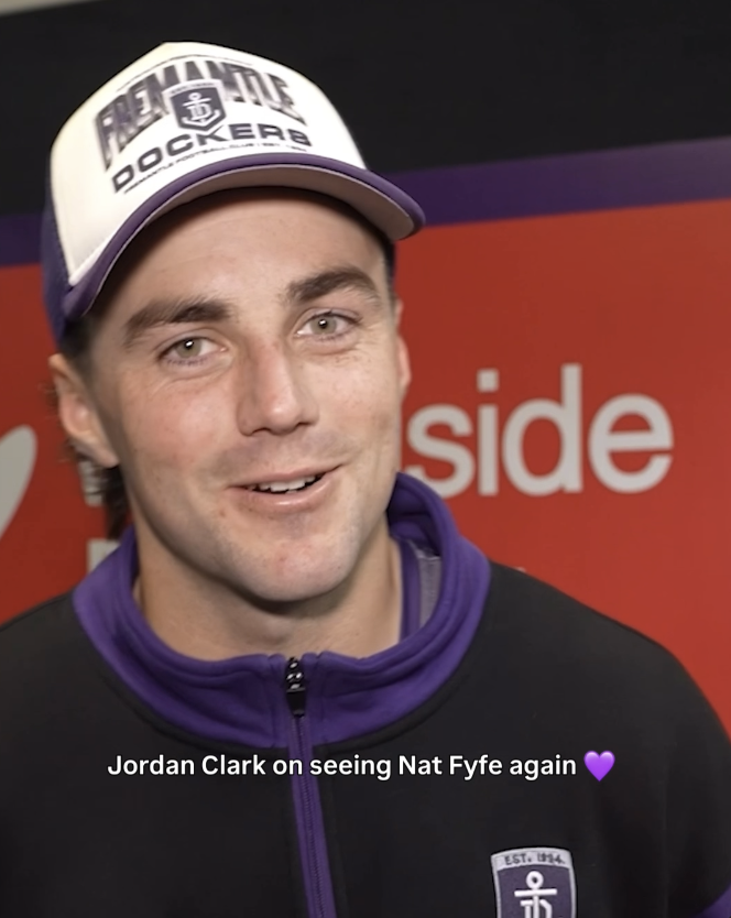 'apparently Fyfey's in Brisbane at the moment!' Clarky on seeing Nat Fyfe back in the Freo rooms again 💜 #foreverfreo