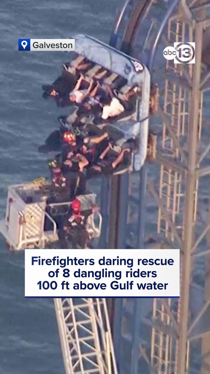 Daring rescue over the Gulf! Galveston Firefighters must have ice water running through their veins. How they got 8 stranded passengers calmly and safely down off the Iron Shark Rollercoaster.