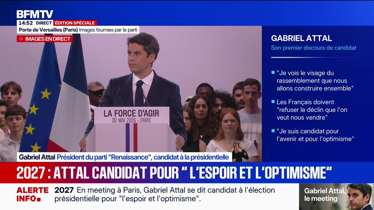Gabriel Attal en meeting: "L'exercice du pouvoir m'a éclairé”, déclare le candidat à l'élection présidentielle de 2027