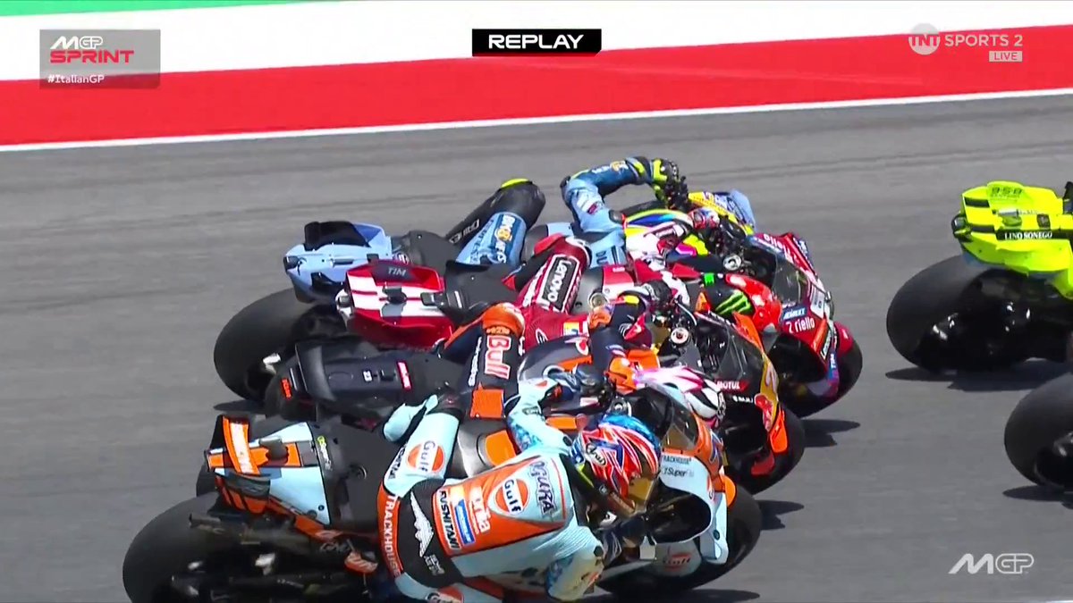 FOUR abreast heading into turn one, insane 🤯 #MotoGP | #ItalianGP | Live on TNT Sports and HBO Max