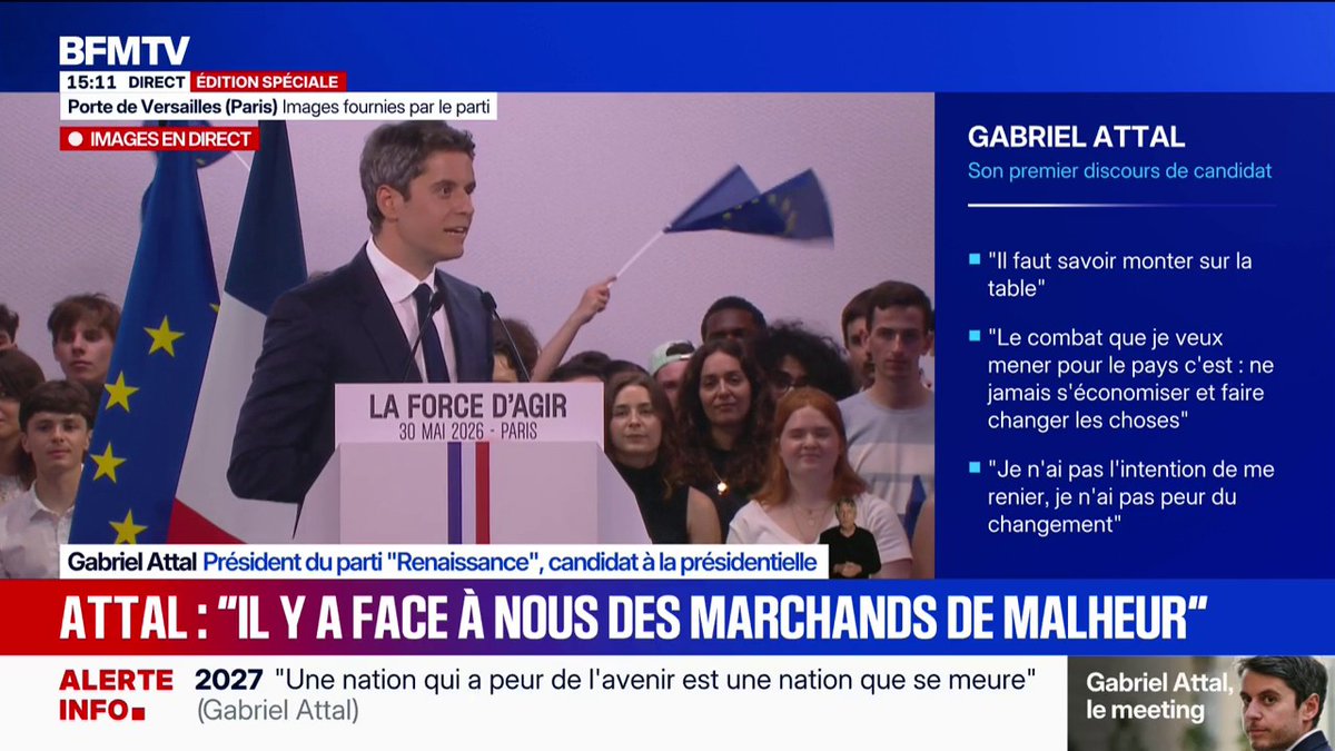 Gabriel Attal en meeting: "Pour briser la tenaille des extrêmes [...] il y a quatre chantiers vitaux", affirme le candidat à l'élection présidentielle 2027