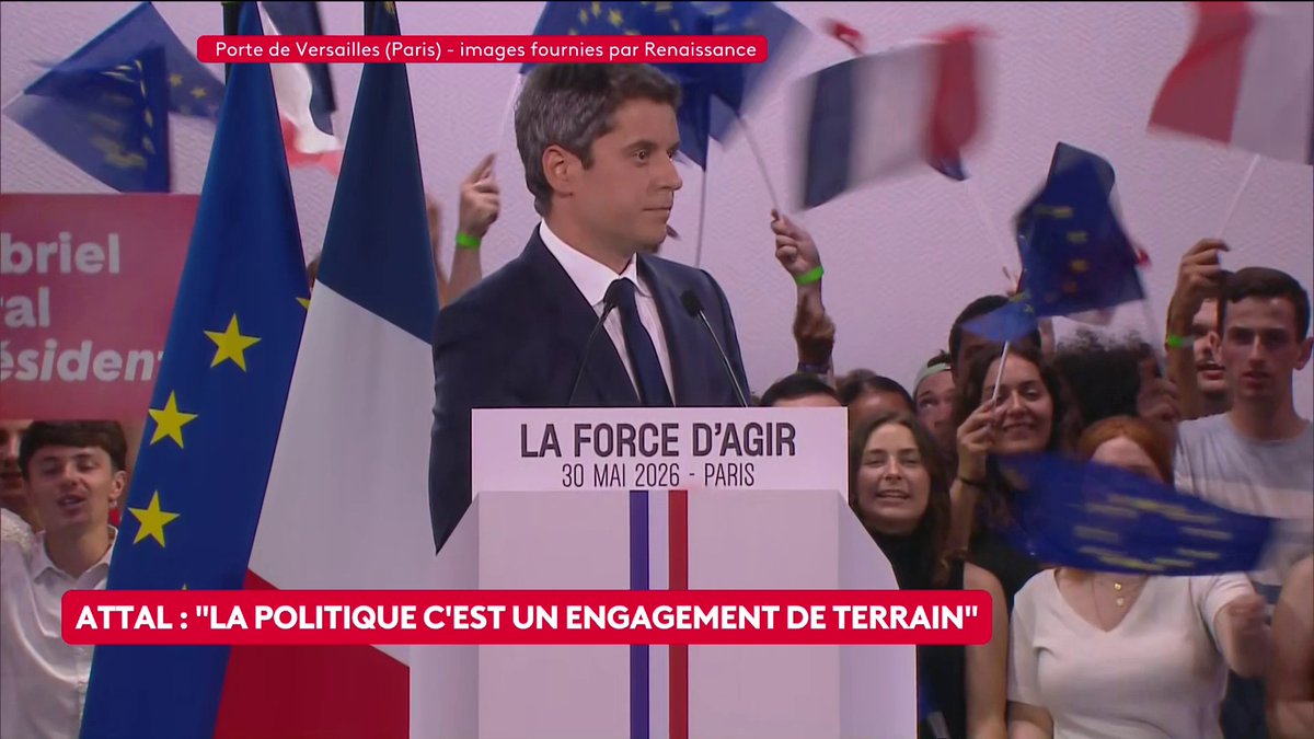 🔴 🗣 "Je n'ai pas l'intention de me renier. J'ai ma personnalité. J'écoute, je tranche, j'agis. Nous avons besoin de la force d'agir", lance Gabriel Attal lors de son premier meeting de campagne.