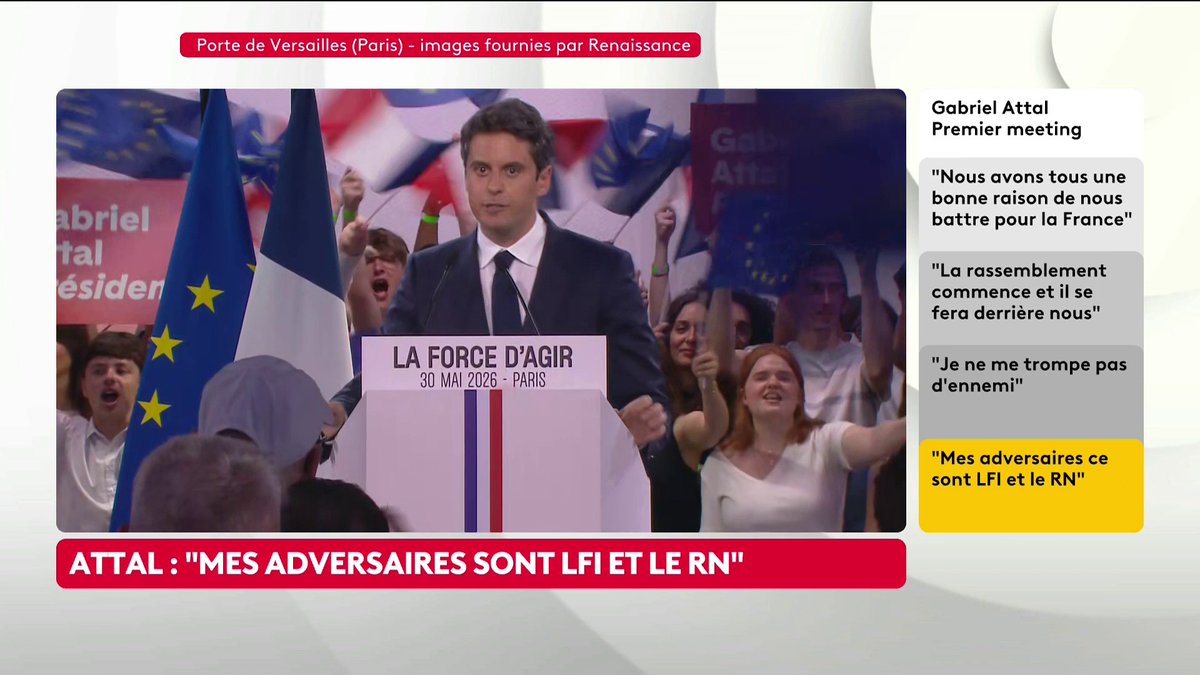 🔴 "Nous allons gagner cette élection présidentielle. Nous avons un an pour briser la tenaille des extrêmes et faire gagner l'espoir', conclut Gabriel Attal pour son premier meeting de candidat en direct de la Porte de Versailles, à Paris.