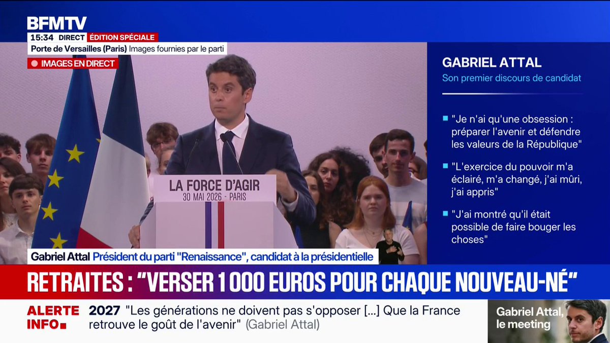 Gabriel Attal en meeting: "l'âge légal de départ à la retraite n'est plus le débat" "Je propose un système avec une part de capitalisation" " Je propose (...) que l'État verse 1.000 euros à chaque naissance"