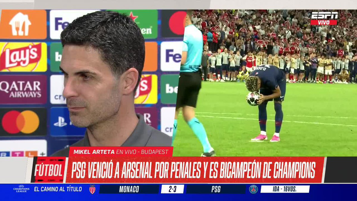 "HAY QUE ASUMIR Y APRENDER DEL DOLOR. HA SIDO UNA TEMPORADA EXCEPCIONAL. EL PSG ES EL MEJOR EQUIPO DEL MUNDO", dijo Mikel Arteta tras perder con Arsenal la final de la #ChampionsLeague ante PSG. 📺 #EquipoF | #DisneyPlus Plan Premium