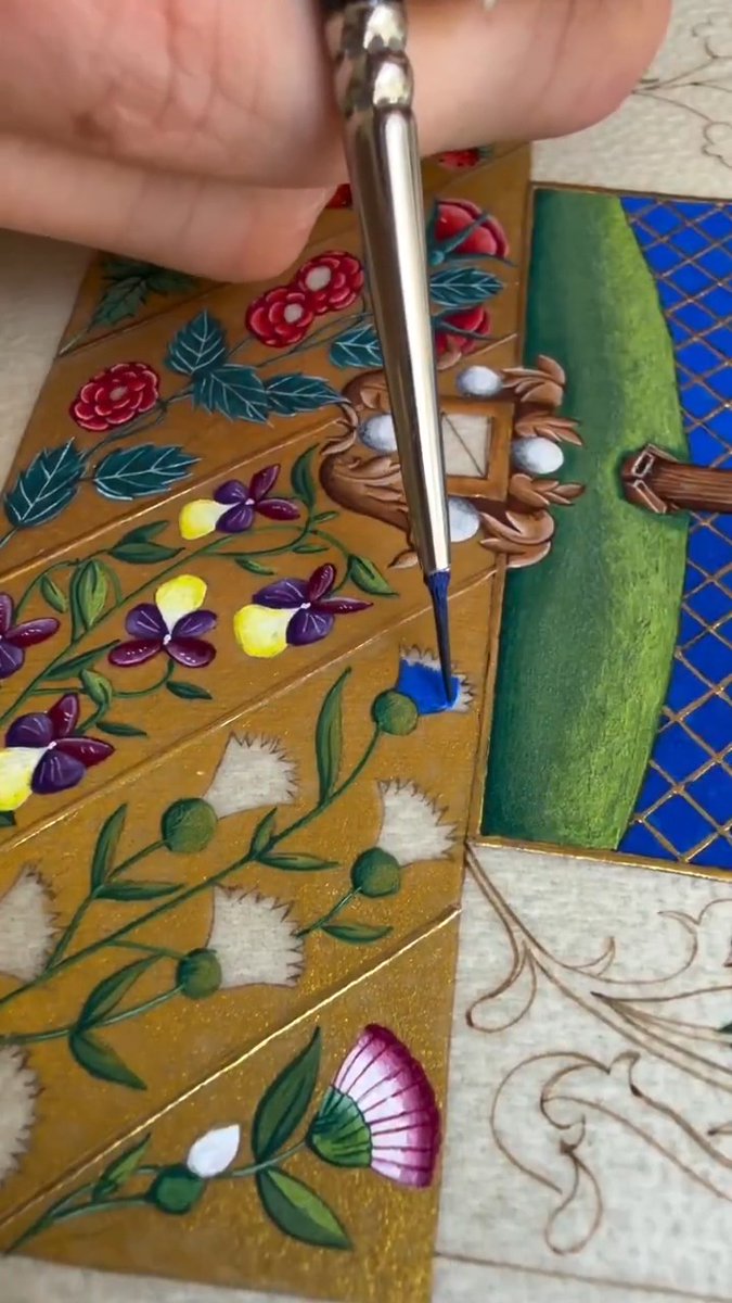 Illuminated manuscript page by Florence Aseult. The Passion of Christ, hand-painted on goat parchment using traditional medieval techniques. Lapis blue, crimson, 23-carat gold, and vivid floral pigments.