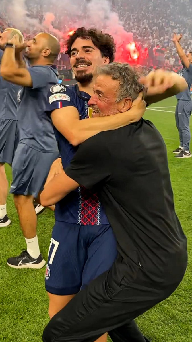 Luis Enrique was hugging anyone and everyone he could get his hands on 😆 The party is just getting started for PSG. ↳ UEFA Champions League. Live &amp; On Demand on Stan Sport. #StanSportAU #UCL