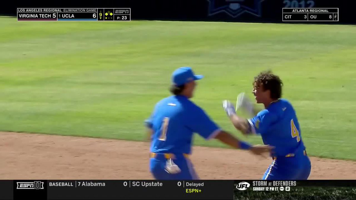 ⬇️ 5-3 ⬆️ 6-5 Relive No. 1 UCLA Baseball's latest dramatic walk-off win to stun Virginia Tech and avoid elimination 👇