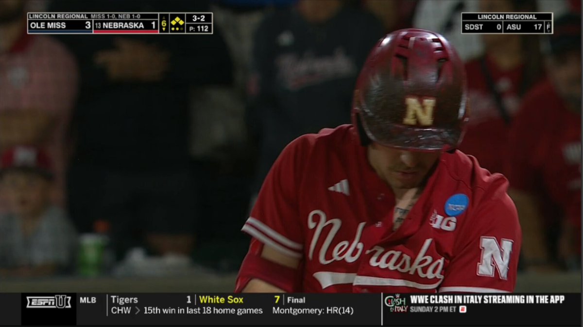 TAYLOR RABE ESCAPES BASES LOADED 🔥🔥🔥 His 113th pitch gives Ole Miss 6 innings of 1 run ball. Rebs lead Nebraska 3-1