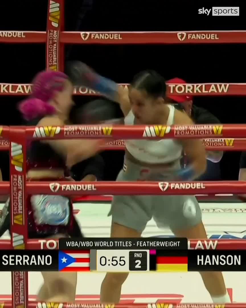 Amanda Serrano retained her unified featherweight world title and tied the all-time knockout record with a clinical second-round stoppage victory over Cheyenne Hanson 💥