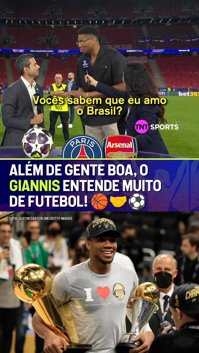 SE VOCÊ NÃO É FÃ DE GIANNIS ANTETOKOUNMPO, TÁ NA HORA DE REPENSAR! 🇬🇷🏀 Uma das maiores estrelas da NBA atualmente, o grego falou sobre a final entre PSG e Arsenal e deu uma aula de mentalidade, em papo exclusivo com a @tntsportsbr. #MFM #CasaDaChampions