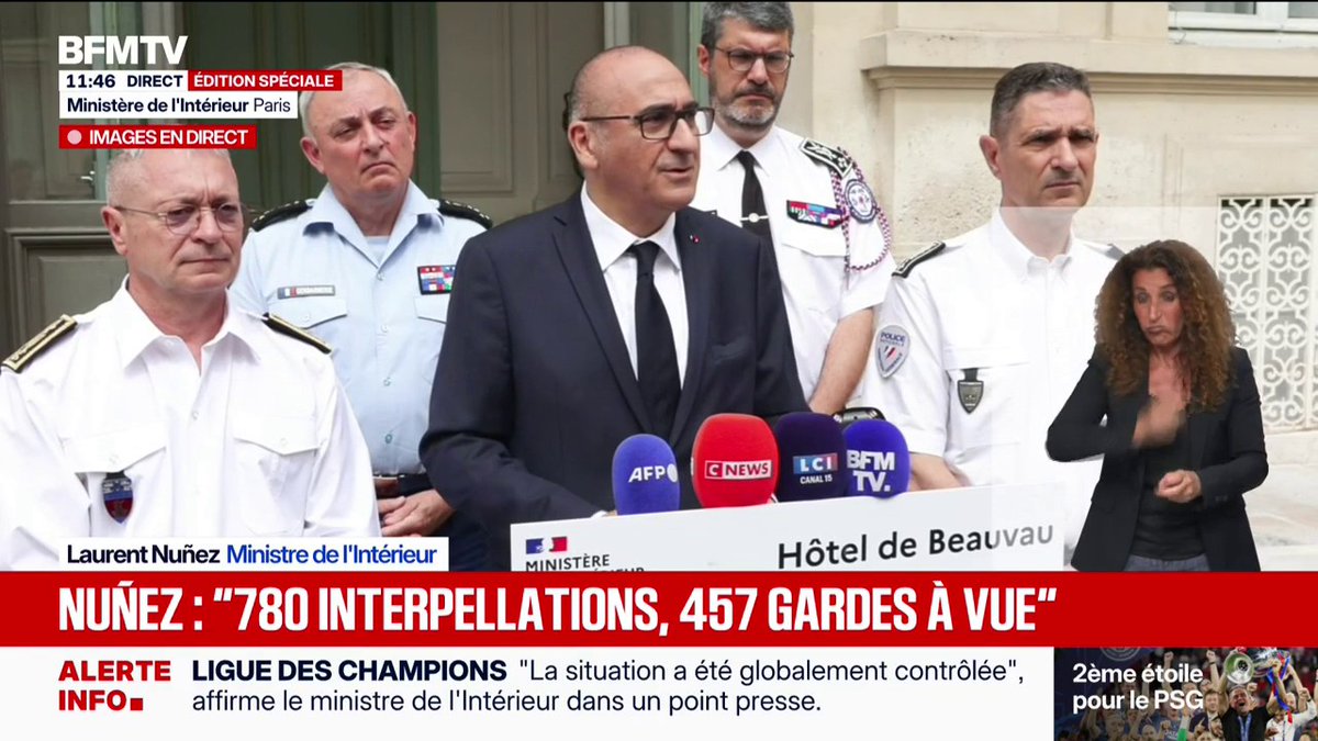 🚨 Ministre de l’Intérieur, Laurent Nuñez annonce désormais 780 INTERPELLATIONS ET 457 GARDES À VUE dans toute la France 🇫🇷 hier après le sacre du Paris Saint-Germain. 😳 🎥 BFM